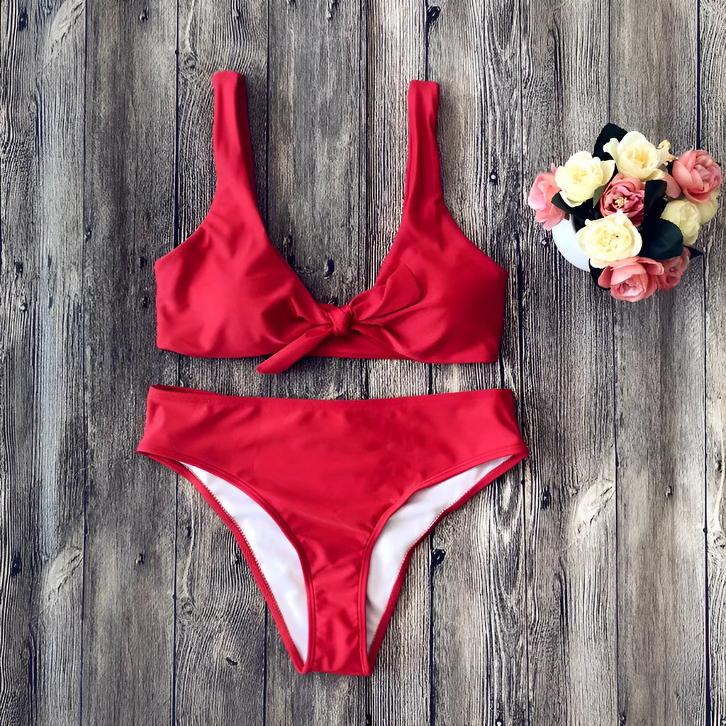 Women's solid colour bikini set showing bra top and matching panties in polyester fabric