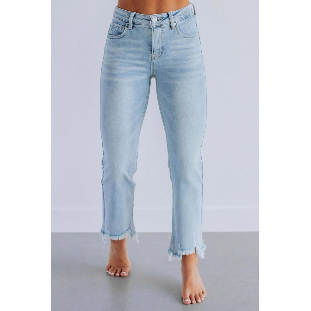 Women's casual denim jeans in dark blue and light blue with hand-worn finish