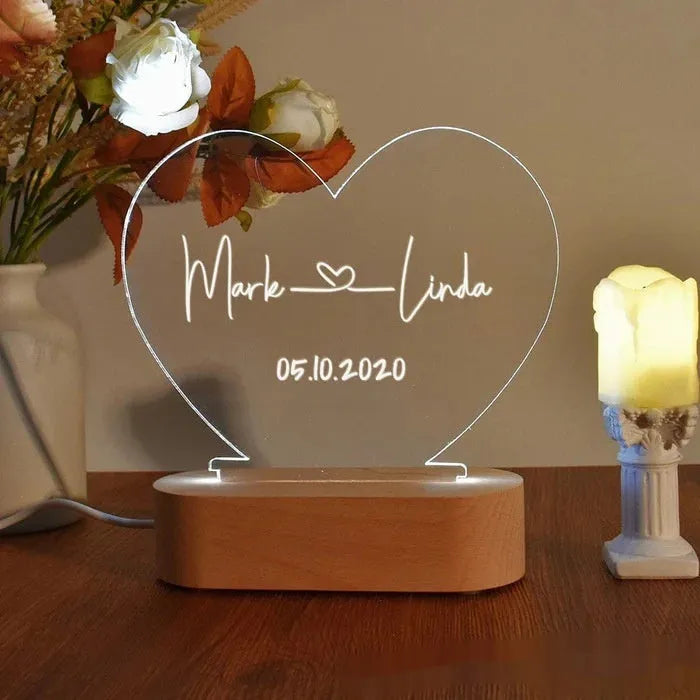 Custom LED night light with engraved names and date on transparent acrylic plate