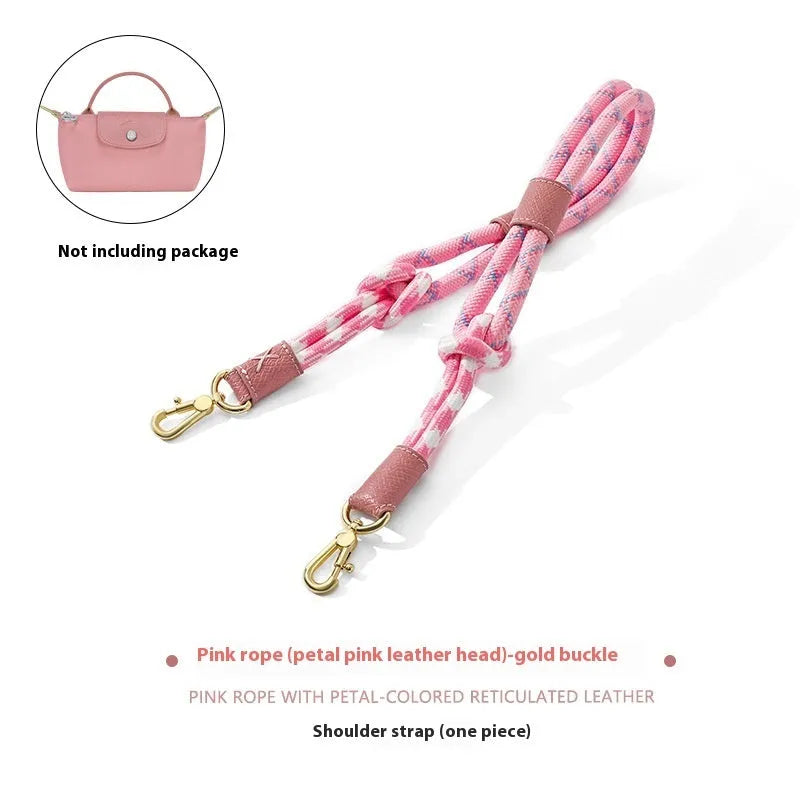 Braided nylon and cowhide leather crossbody strap with alloy buckle in gold or silver finish