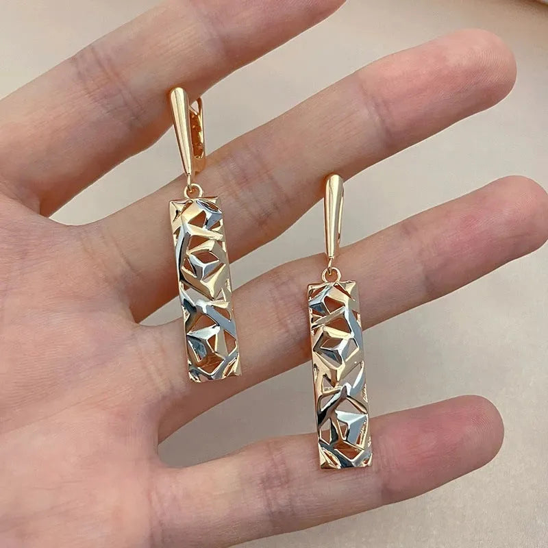 Rectangle hollow stud earrings with two-tone electroplated finish geometric design