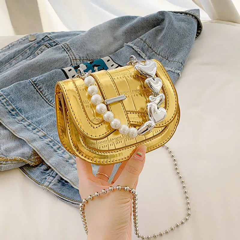 Women's laser pearl tote saddle crossbody bag in silver with street trend design