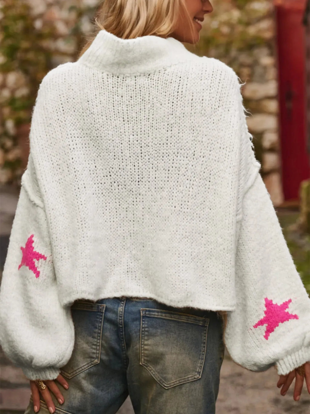 White women's imitation velvet pullover jumper with star pattern and turtleneck design