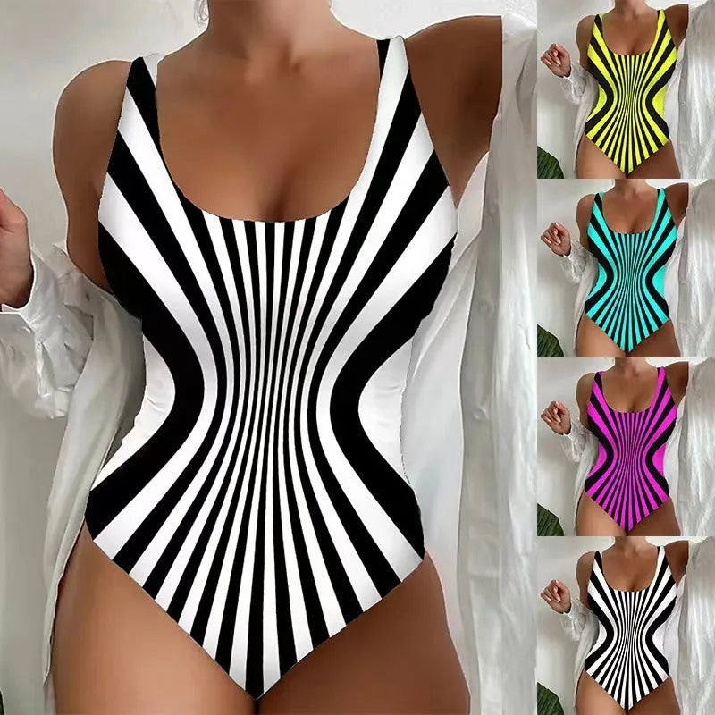 Striped sling one-piece swimsuit for women in fluorescent green, polyester fabric, sizes S to 5XL