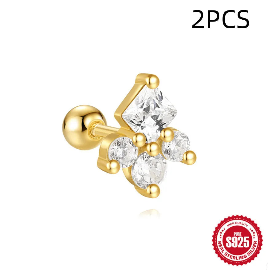 S925 sterling silver flower stud earrings with red gravel stone and gold electroplated finish
