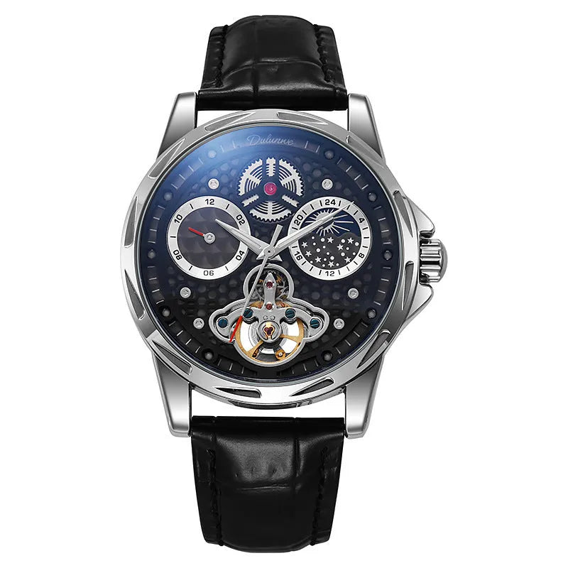 Men's automatic watch with luminous hands on steel bracelet, black dial, waterproof case