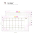 Loose-leaf refill paper sheets showing floral monthly planner and tri-fold schedule layouts in A7, A6, and A5 sizes.