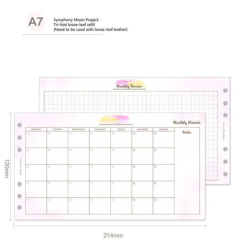 Loose-leaf refill paper sheets showing floral monthly planner and tri-fold schedule layouts in A7, A6, and A5 sizes.