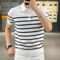 Black and white striped pullover T-shirt with a lapel-style neckline laid flat.