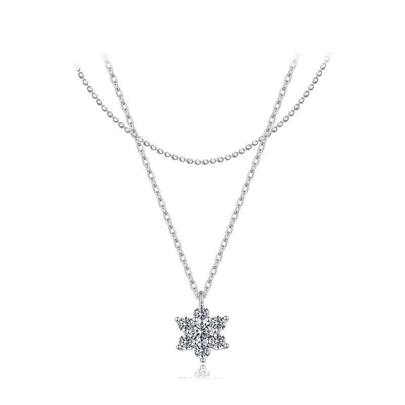 Original winter snowflake double layer moissanite necklace in 925 silver with adjustable O-shaped chain