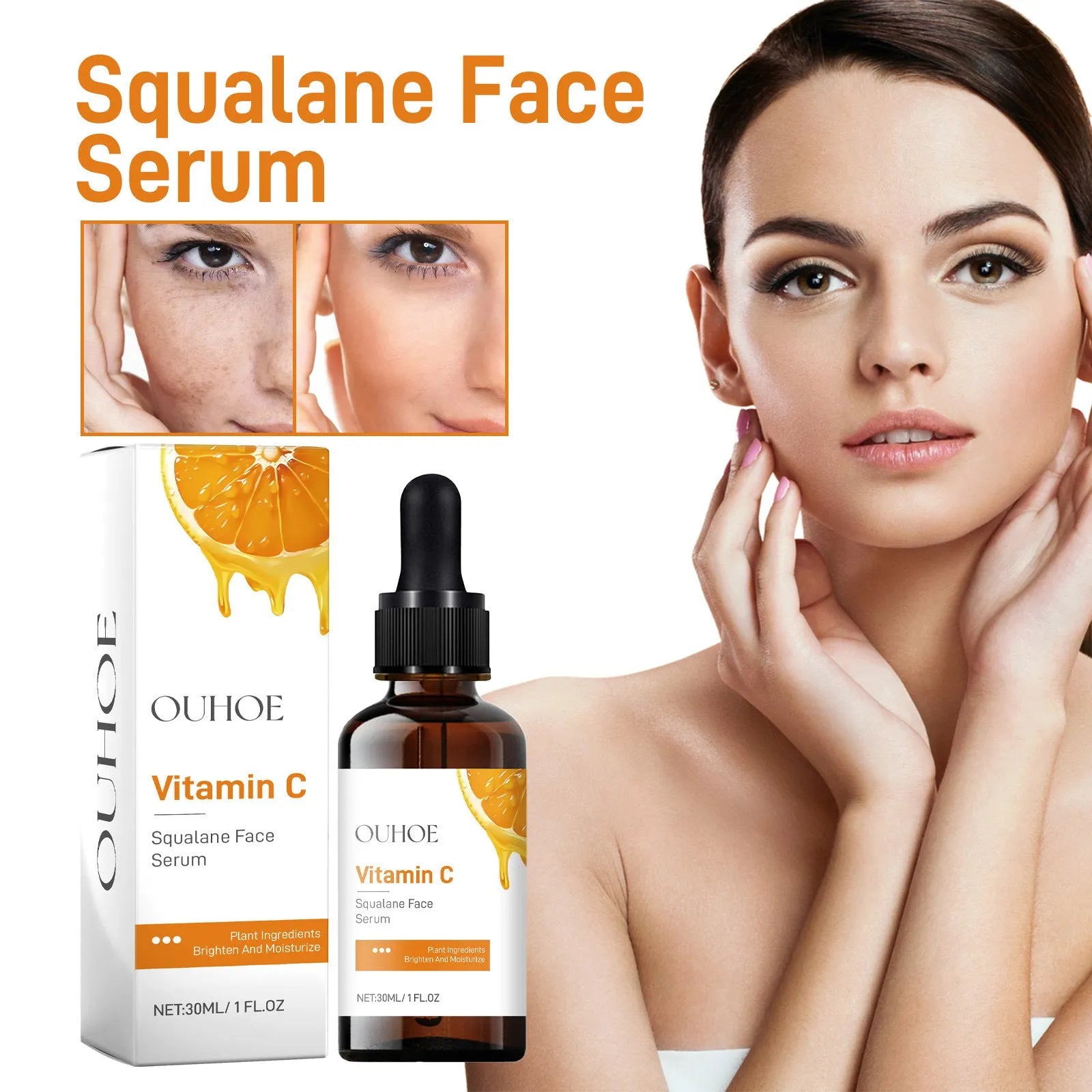 Squalane face serum in a PET bottle with vitamin C, hyaluronic acid, collagen for hydration, 3x3x10.5cm