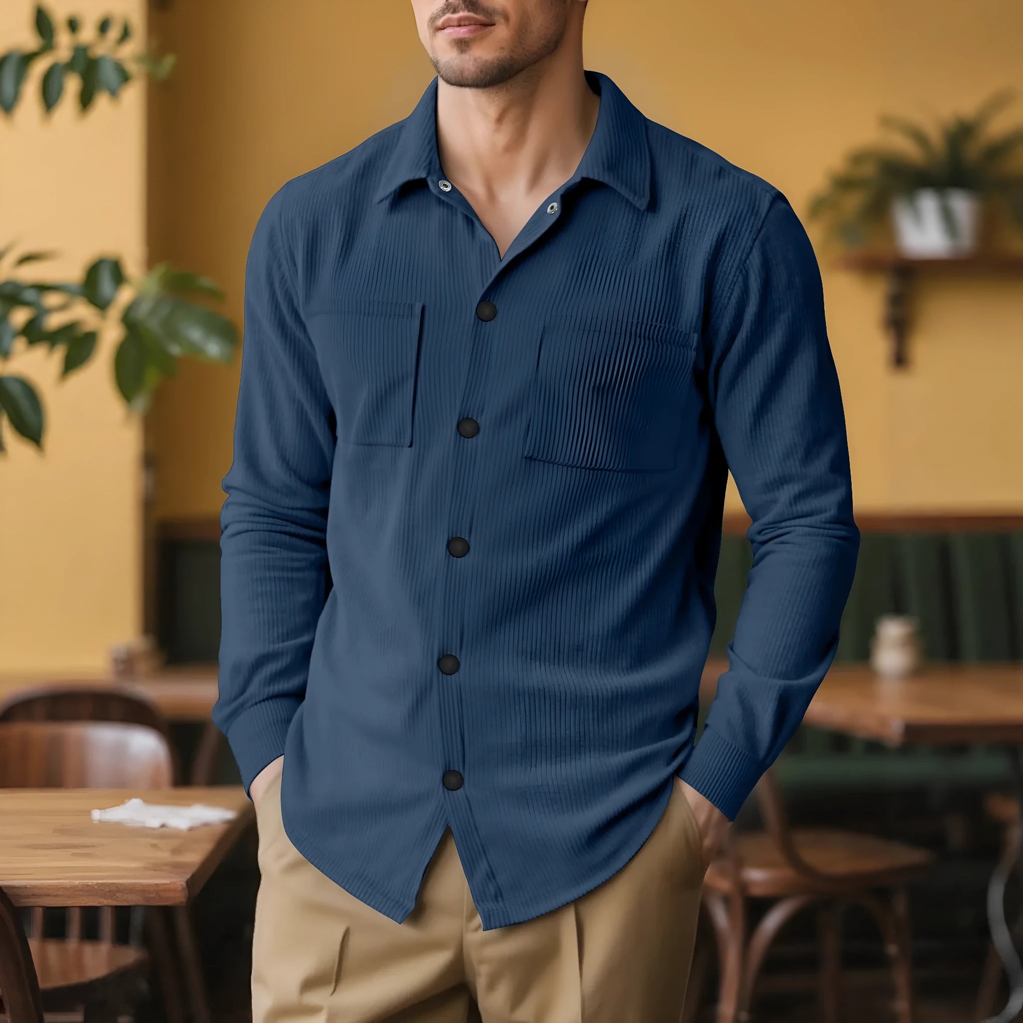 Casual corduroy polo collar jacket top with patch pockets in five colours from S to XXXL size
