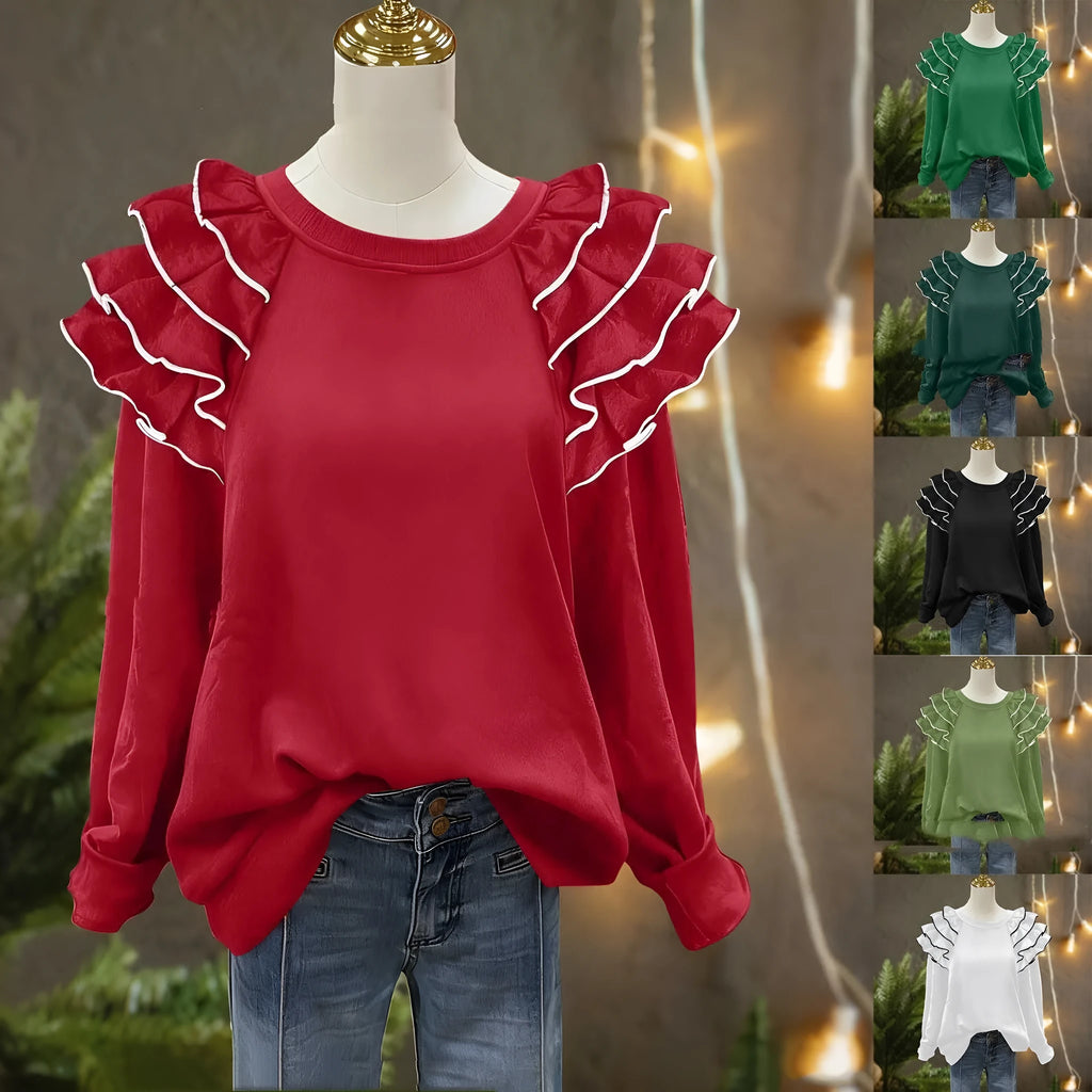 Women's polyester ruffle top in military green pullover style with regular sleeves