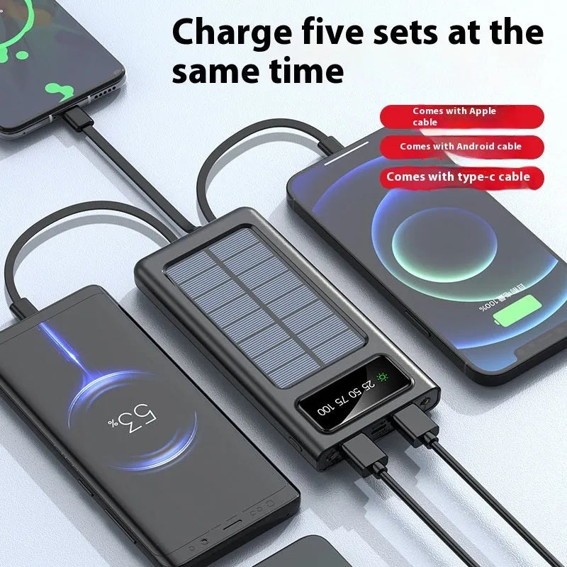 Black solar power bank with integrated charging cable showing 20000mAh capacity and solar panel