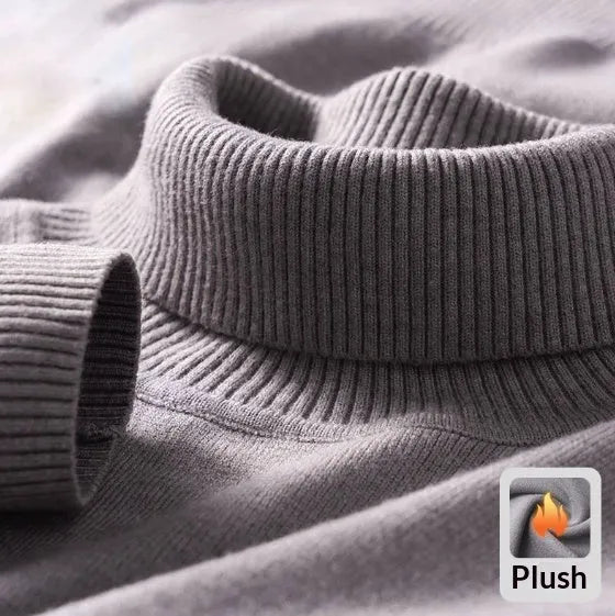 Plus size men's black knitted high-neck fleece-lined sweater on model
