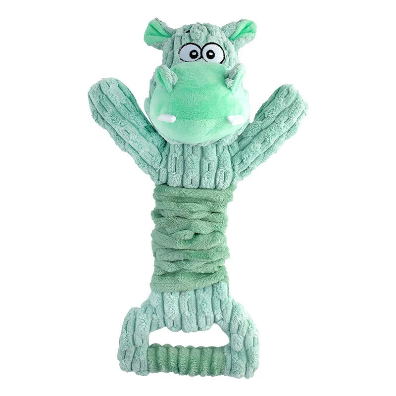 Large blue and green plush hippo dog toy with a handle, shown extended for tug of war