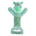 Large blue and green plush hippo dog toy with a handle, shown extended for tug of war