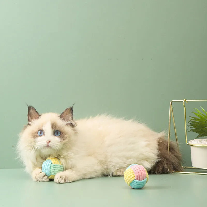 Handmade natural cotton cat plush ball toy for teeth grinding and interactive play