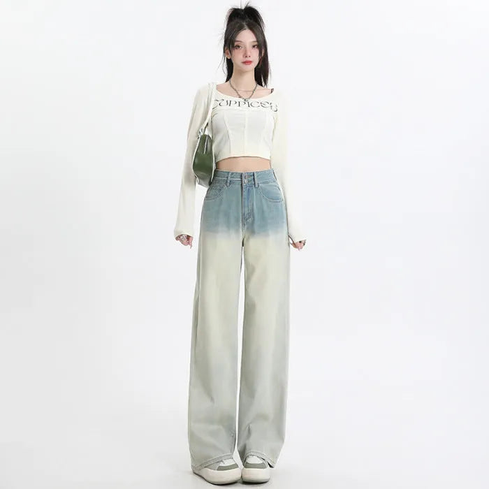 Women's gradient blue straight-leg denim trousers with wide leg silhouette on hanger