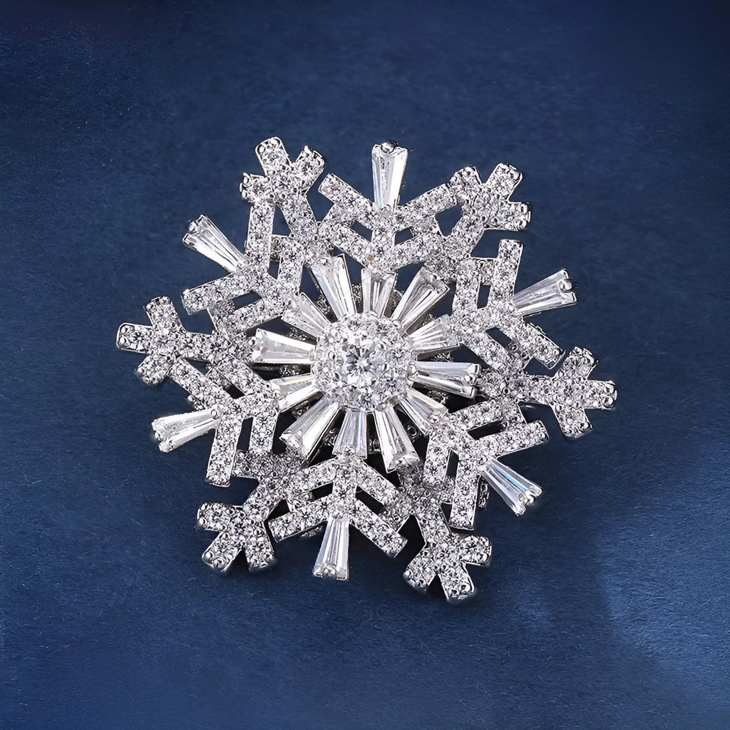Luxury spinning snowflake brooch in alloy with diamond treatment, rotating silver snow crystal white, women's pin