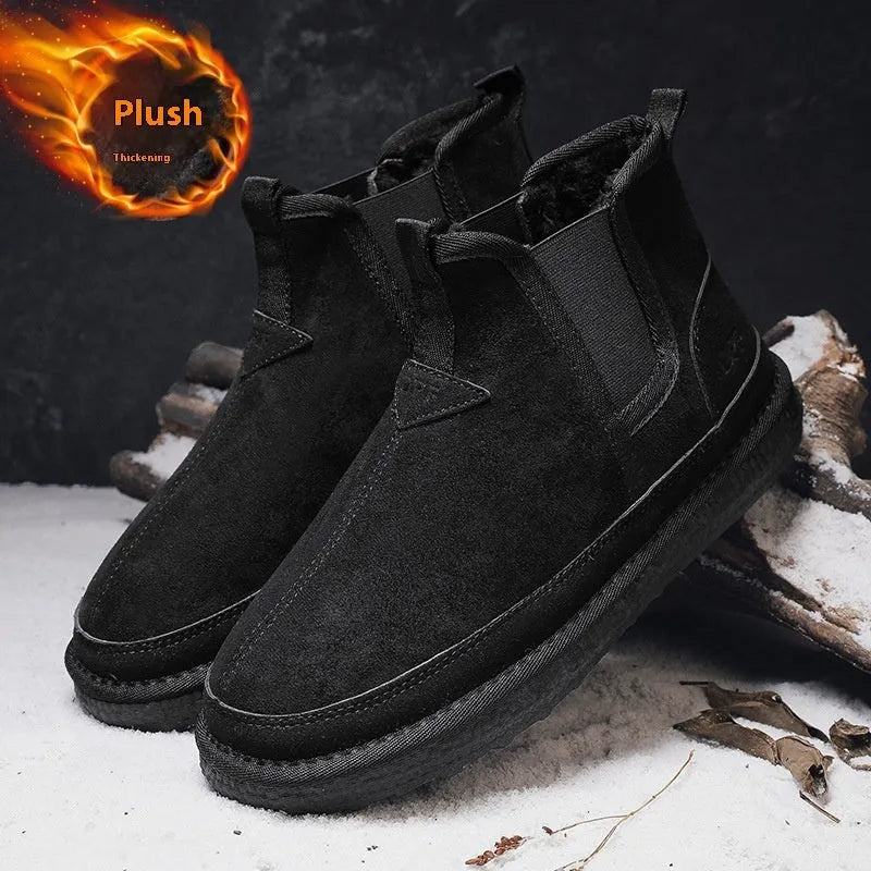 Winter fleece snow boots men ankle boot round-toe black artificial PU PVC outsole casual warm