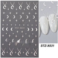 Sheet of black and silver strip nail art stickers with cartoon and love heart designs