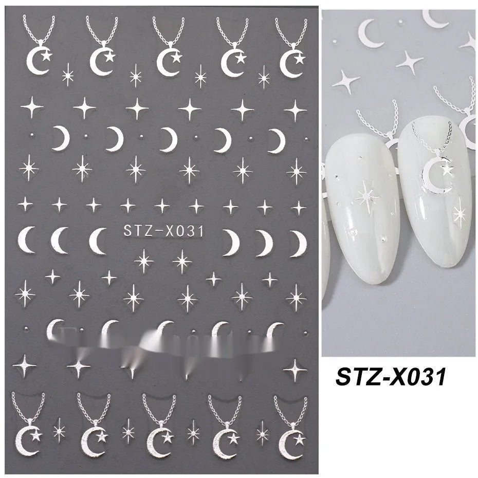 Sheet of black and silver strip nail art stickers with cartoon and love heart designs