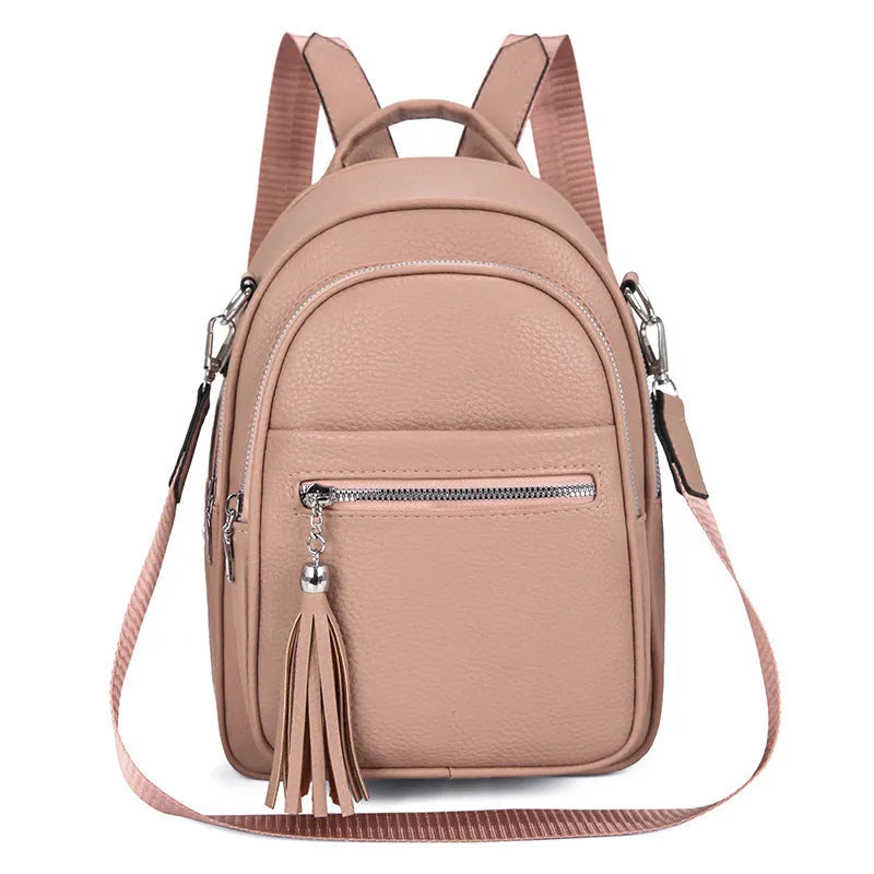 Simple large capacity casual backpack for women in khaki, PU material, with outer pocket and sewing thread detail