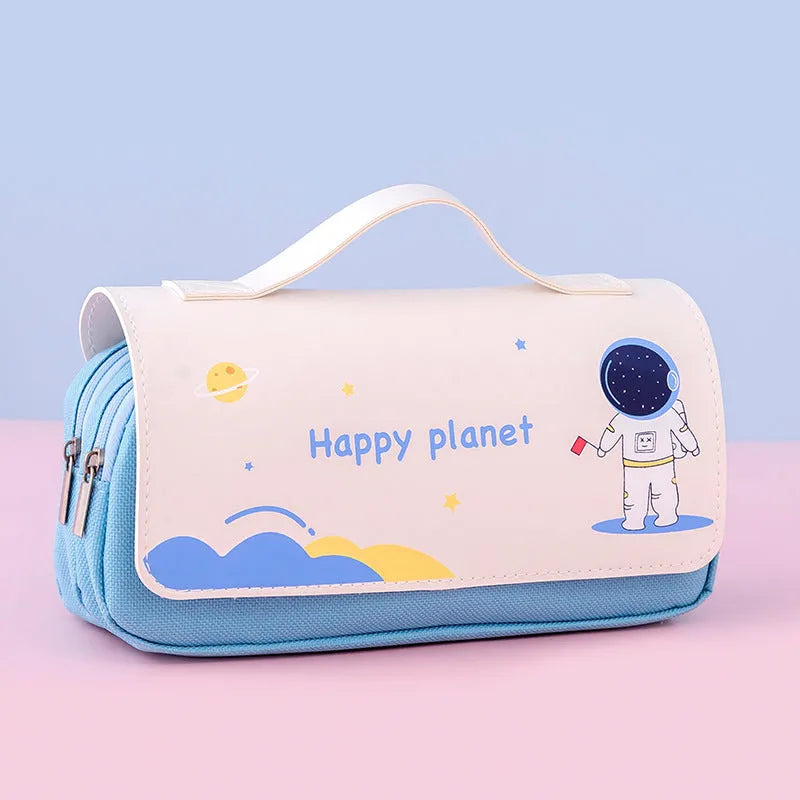 Large-capacity canvas flip pencil case with hand-painted cartoon planet pattern in blue, 21x10cm, square shape