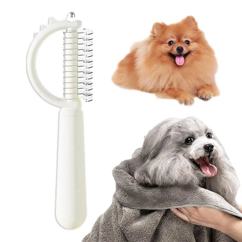 Blue dinosaur-shaped cat brush with self-cleaning feature and double-sided grooming heads