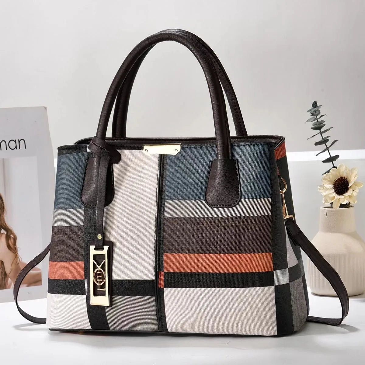 Soft PU fashion handbag with leather shoulder strap in horizontal square shape
