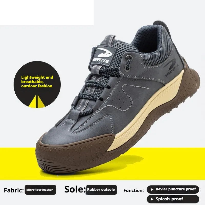 Men's leather work shoes with rubber sole in black colour showing front and side views