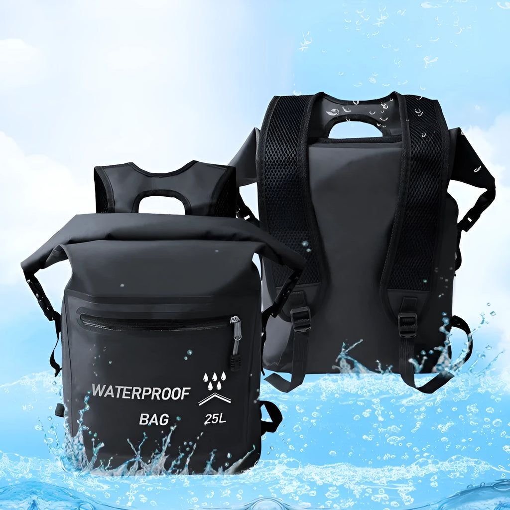 Black outdoor waterproof backpack with a 25-litre capacity for swimming and rafting.