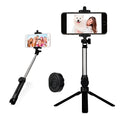 Bluetooth tripod selfie stick with remote control extended to 763mm length showing phone clip rotation
