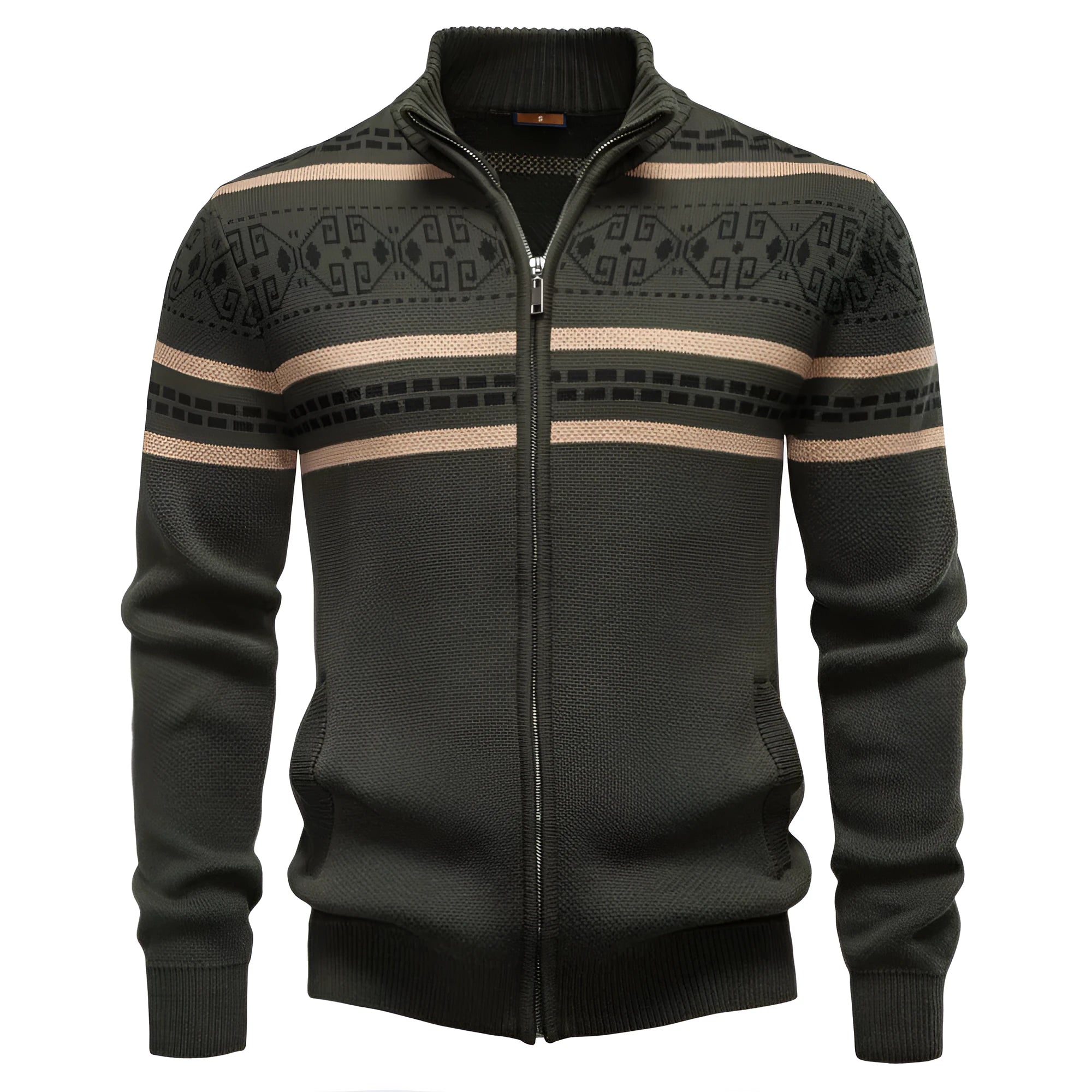 Men's cotton zipper knitted jacket in slim fit, army green colour, shown front view