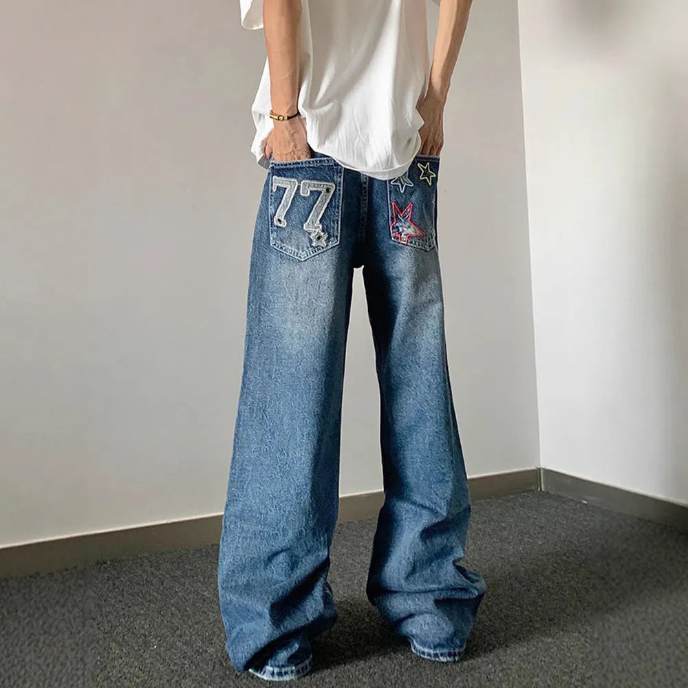 Blue designer embroidered high-waisted retro loose slimming trousers for teenagers