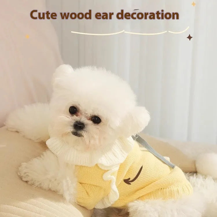 Yellow XINGX and Fairy Dress style acrylic knit dog sweaters for small breeds in autumn.
