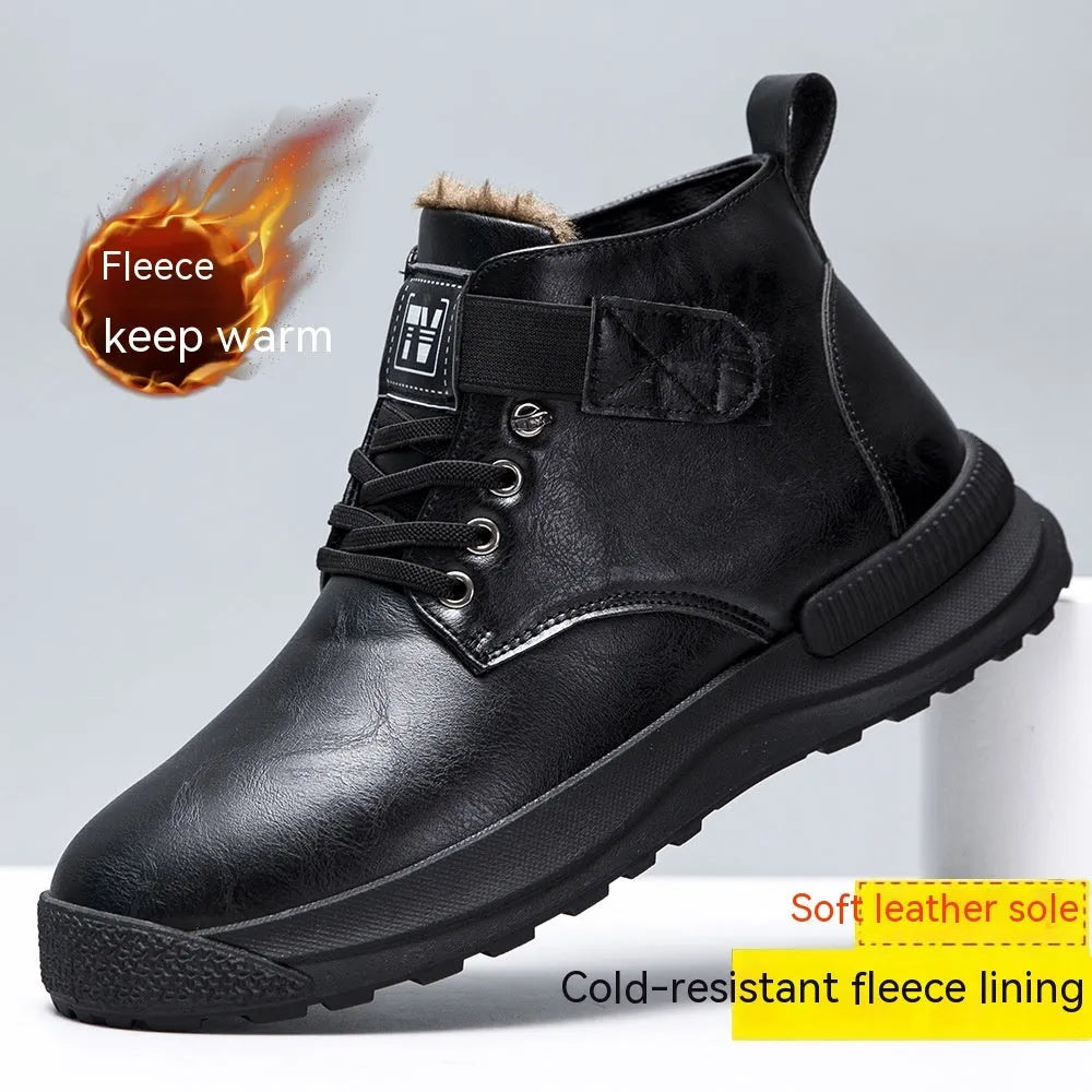 Men's black high-top platform Martin boots with a velvet finish and rubber sole.