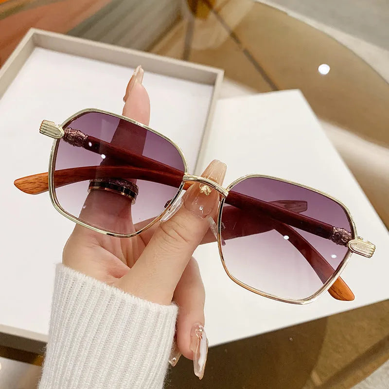 Frameless women's glasses with wood grain pattern and gold alloy frame in double blue colour variation