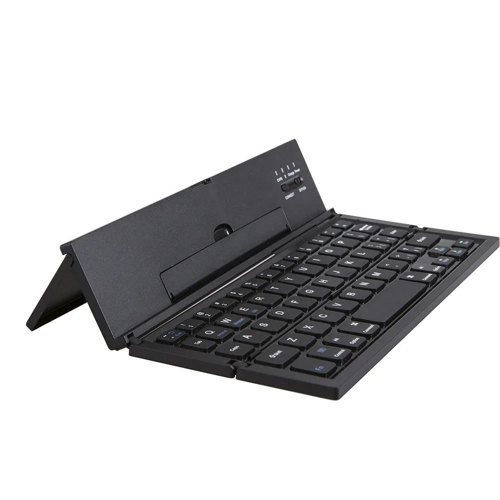Black folding wireless Bluetooth keyboard for tablets showing compact 5.8-inch design with aluminium bottom and numeric keypad