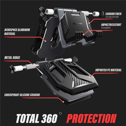 Black adjustable tablet stand folded open displaying an iPad, featuring aluminium body and 270-degree rotation