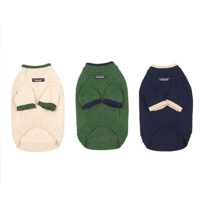 British style two-leg pet sweater for dogs and cats in wool blend, shown in Crown Blue.