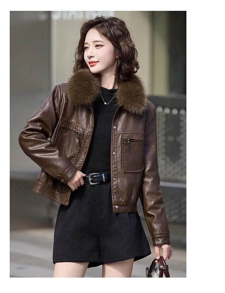 Women's fleece-lined thickened PU leather Western style short lapel coat in black with conventional sleeves