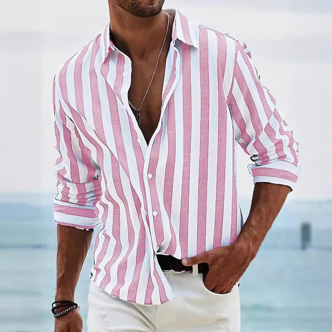 Men's yarn-dyed striped loose long-sleeved shirt in British style polyester fabric