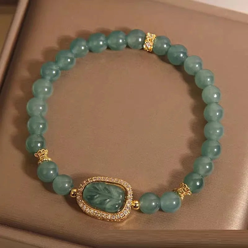 New Chinese style blue water jade bracelet with leaf pendant for women, light luxury design
