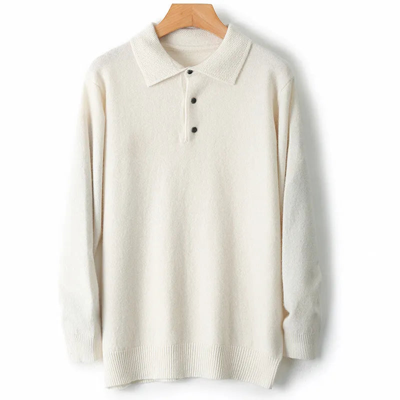 Men's grey wool sweater pullover with a polo collar and long sleeves laid flat.