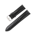 Quick release watch strap in cowhide leather showing buckle and multiple colour options including black, brown, and blue with white thread.