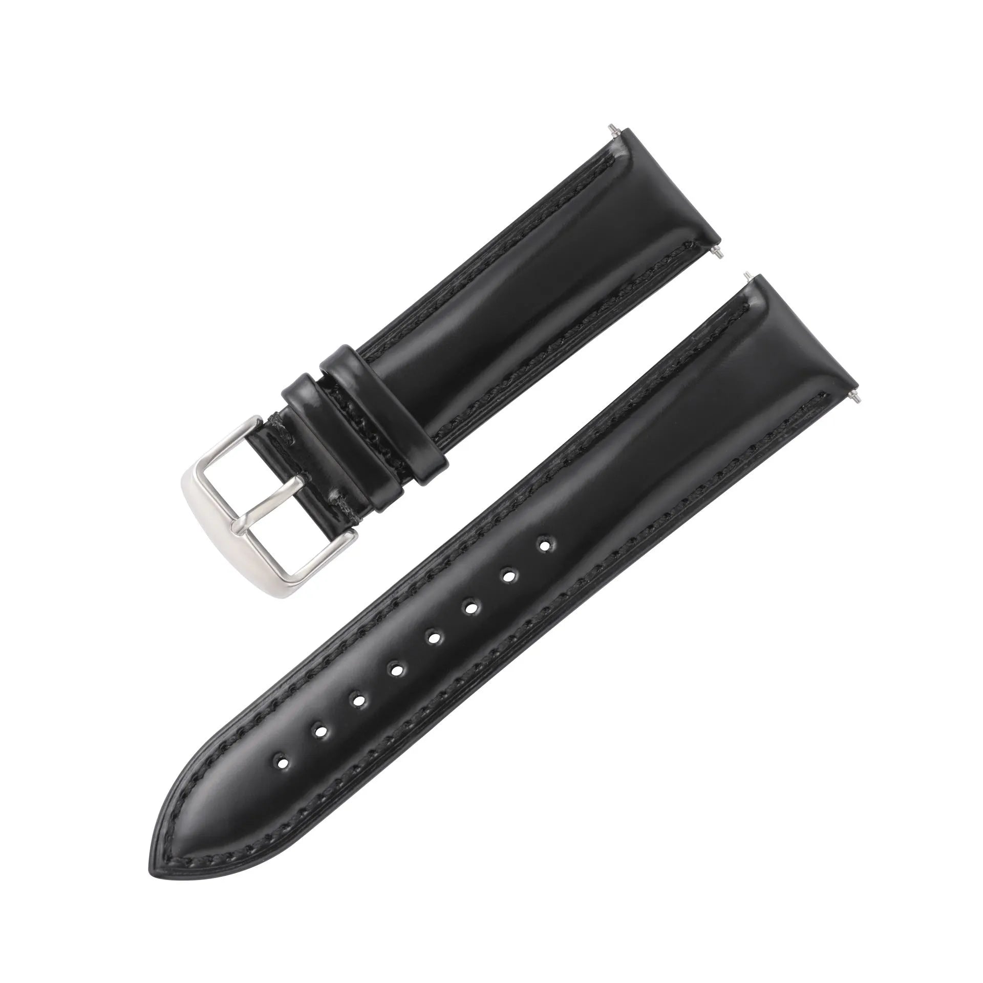Quick release watch strap in cowhide leather showing buckle and multiple colour options including black, brown, and blue with white thread.