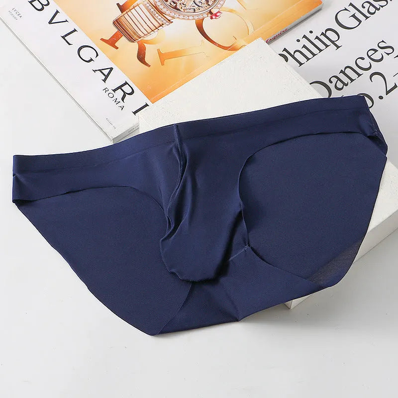 Men's black ice silk seamless briefs with a mid waist and a visible bulge support pouch.