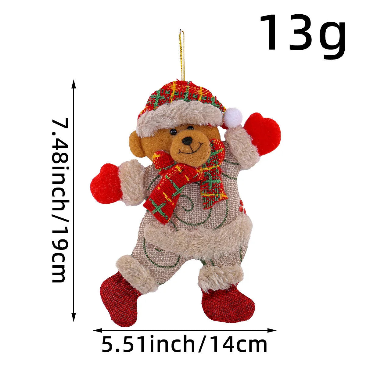 Set of four Christmas tree ornaments Santa snowman reindeer and bear figures with red white scarves golden balls red bows